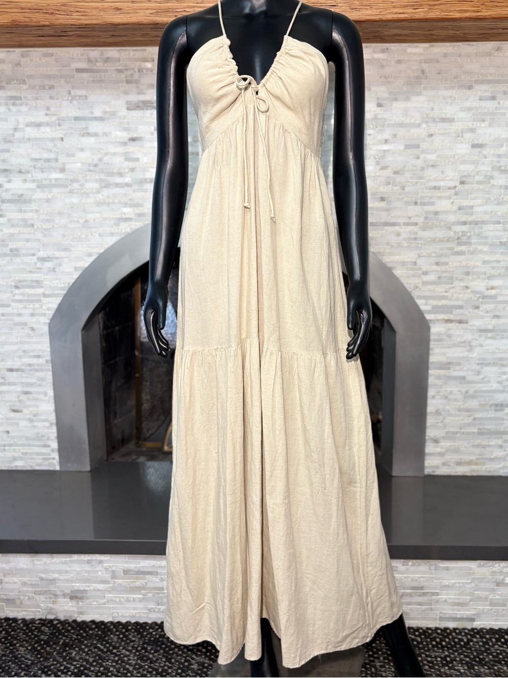 Sim & Sam Neutral Halter Neck Tiered Maxi Dress Front Tie Bodice Cream Beige M